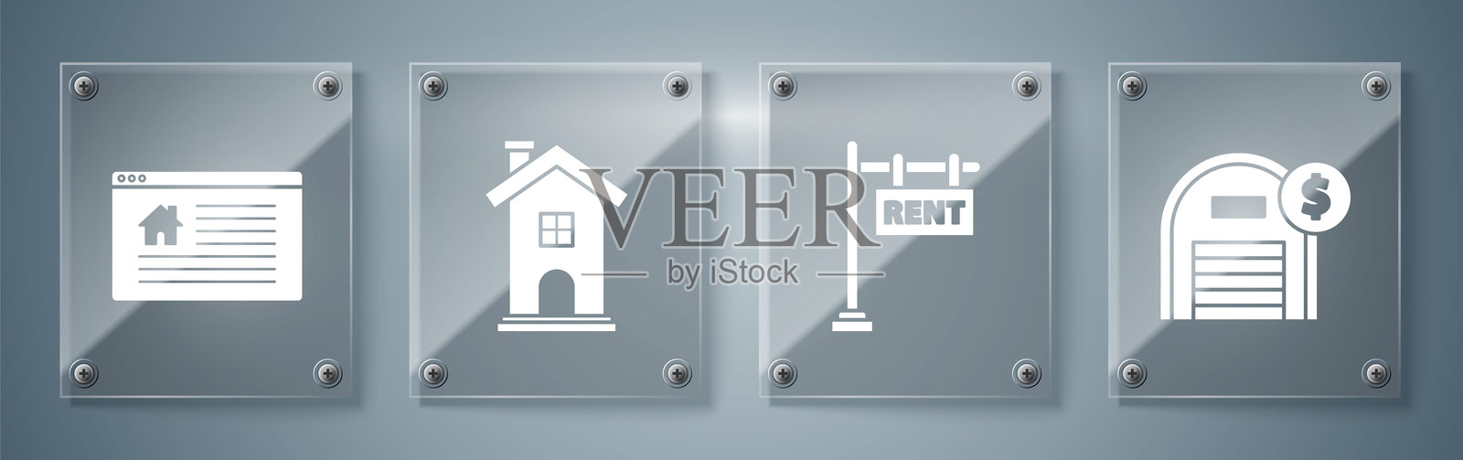 带有美元符号的仓库，悬挂标志上写着“出租”，房屋符号和悬挂标志上写着“在线销售”。方形玻璃面板。矢量图。插画图片素材