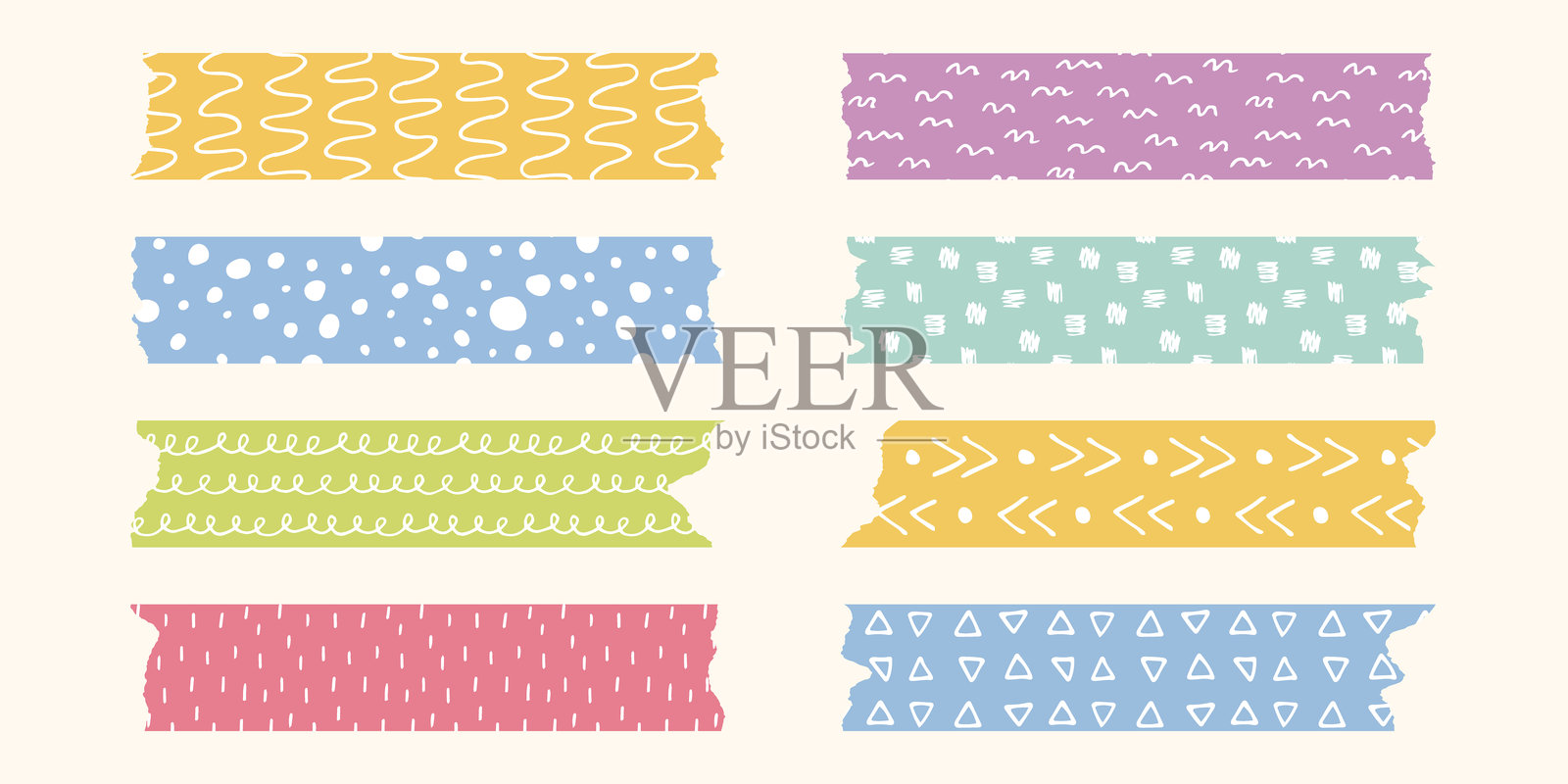 可爱俏皮的彩色和纸胶带套装，带有撕边和白色涂鸦图案插画图片素材