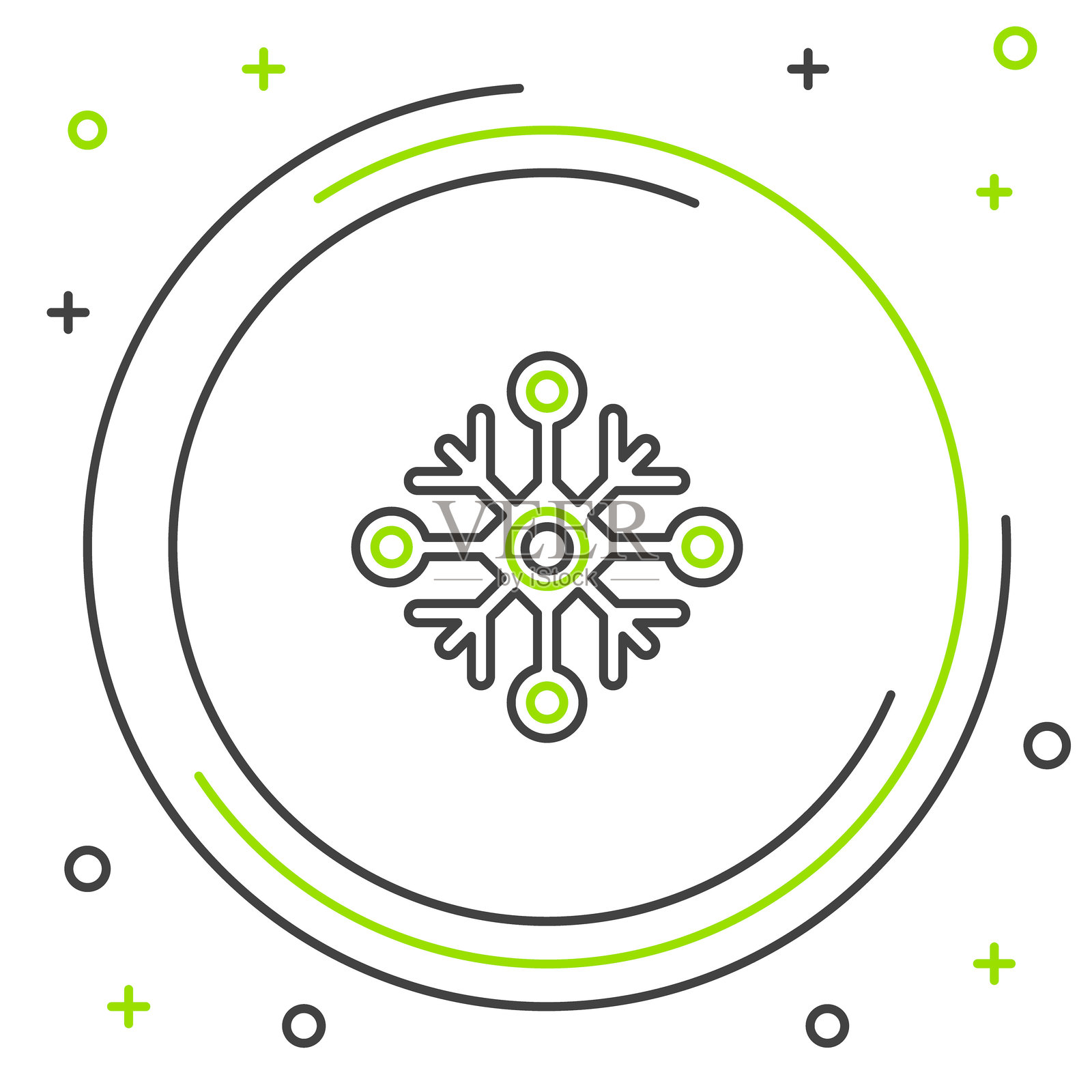 黑色和绿色线条雪花图标，背景为白色。彩色轮廓概念。矢量插图。插画图片素材