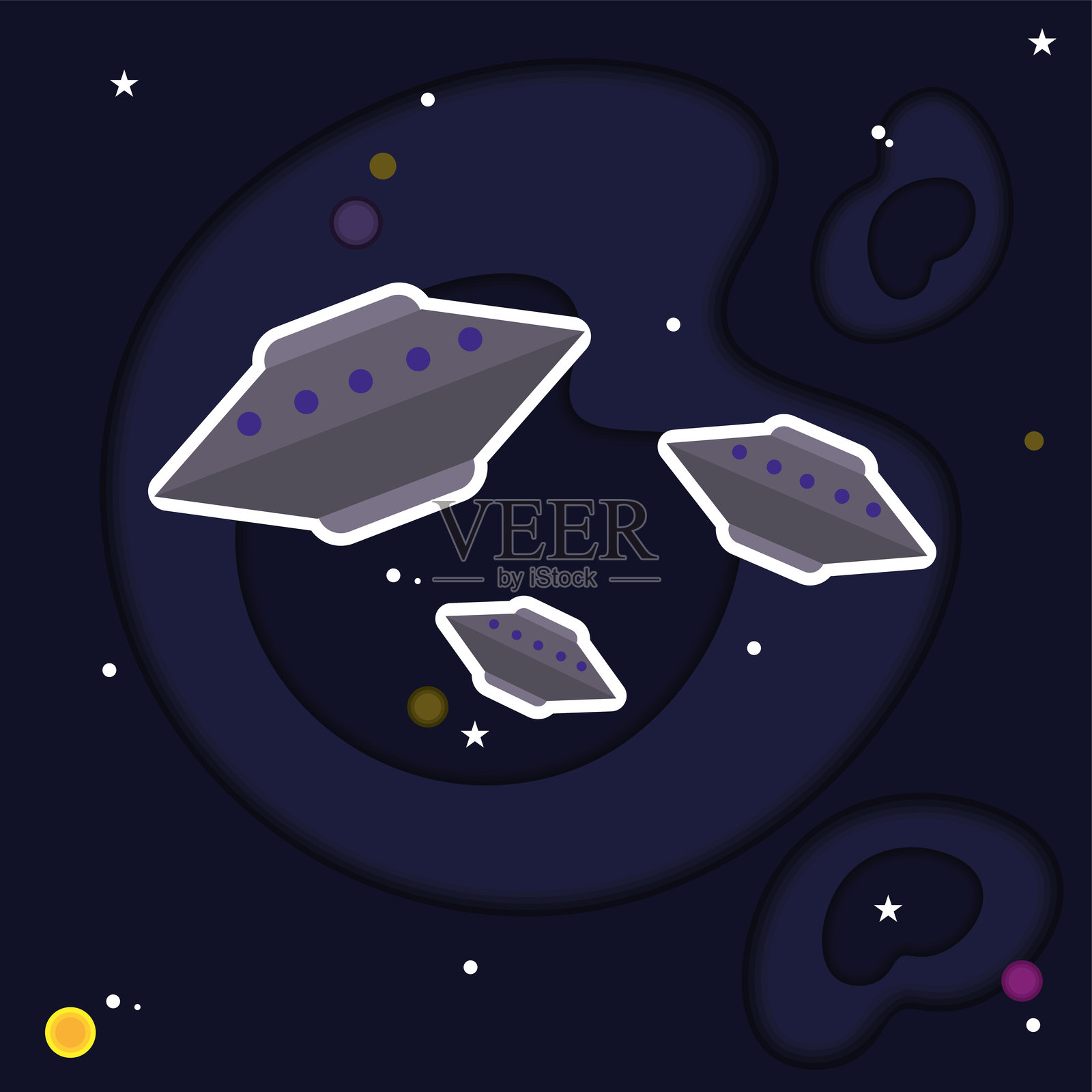 彩色宇宙背景与一组飞碟插图插画图片素材
