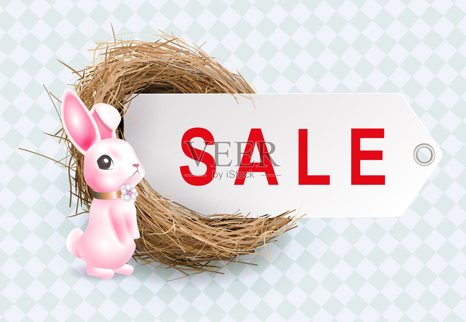 带有鸟巢和可爱粉色兔子的绘图，设计元素插画图片素材