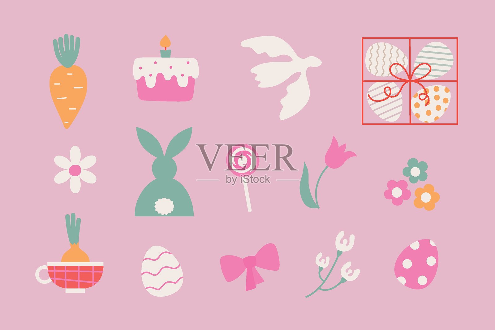 简单可爱的复活节彩蛋、和平鸽、兔子和花朵。卡通矢量复活节插图，适用于贴纸、装饰元素、卡片和邀请函。插画图片素材