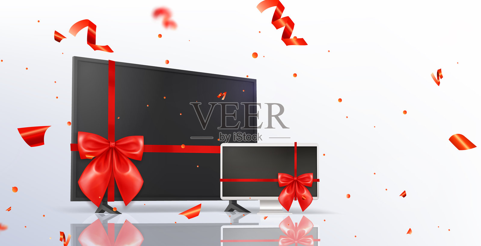 用红色丝带绑着的电视显示器插画图片素材