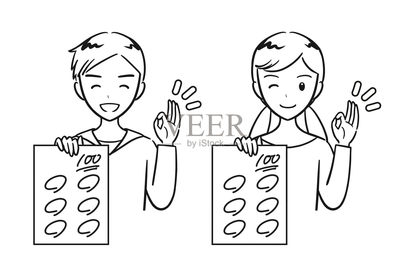 一组小学男孩和女孩微笑着展示他们获得满分的考试（线条画）插画图片素材