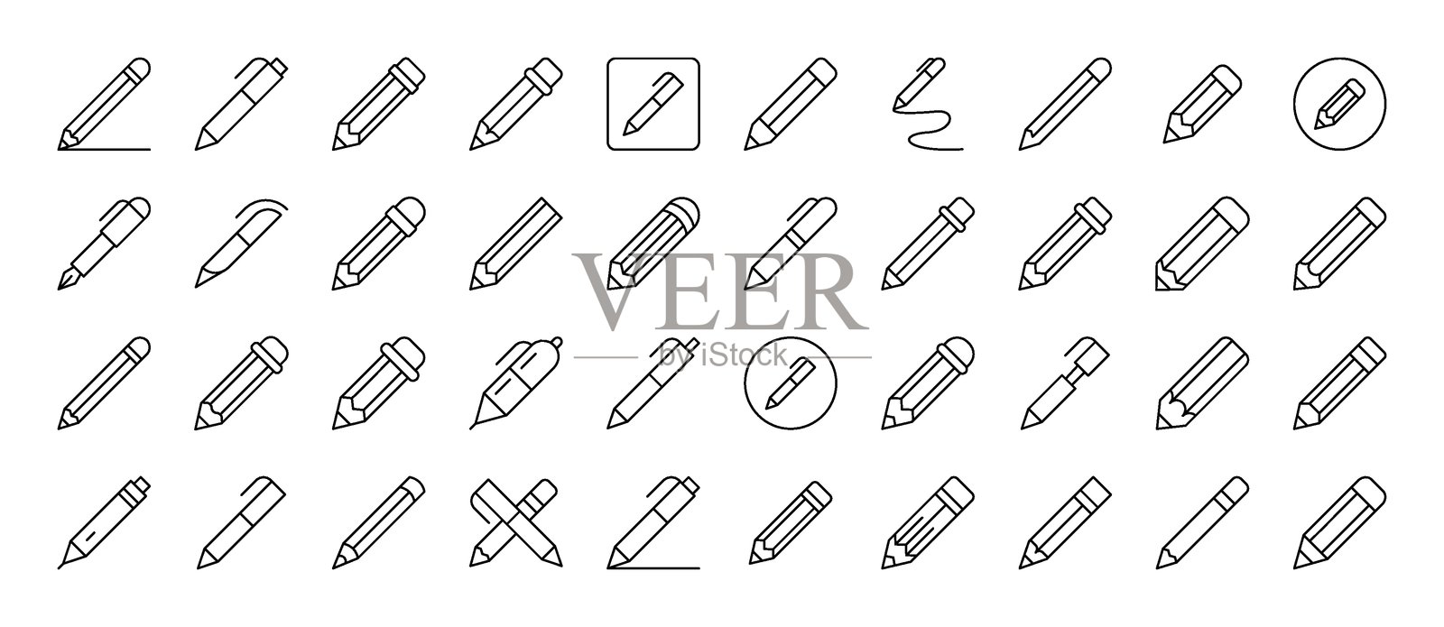 笔和铅笔线条图标集合。可编辑的线条。用于卡片、应用程序、横幅和帖子设计的极简线性图标。插画图片素材