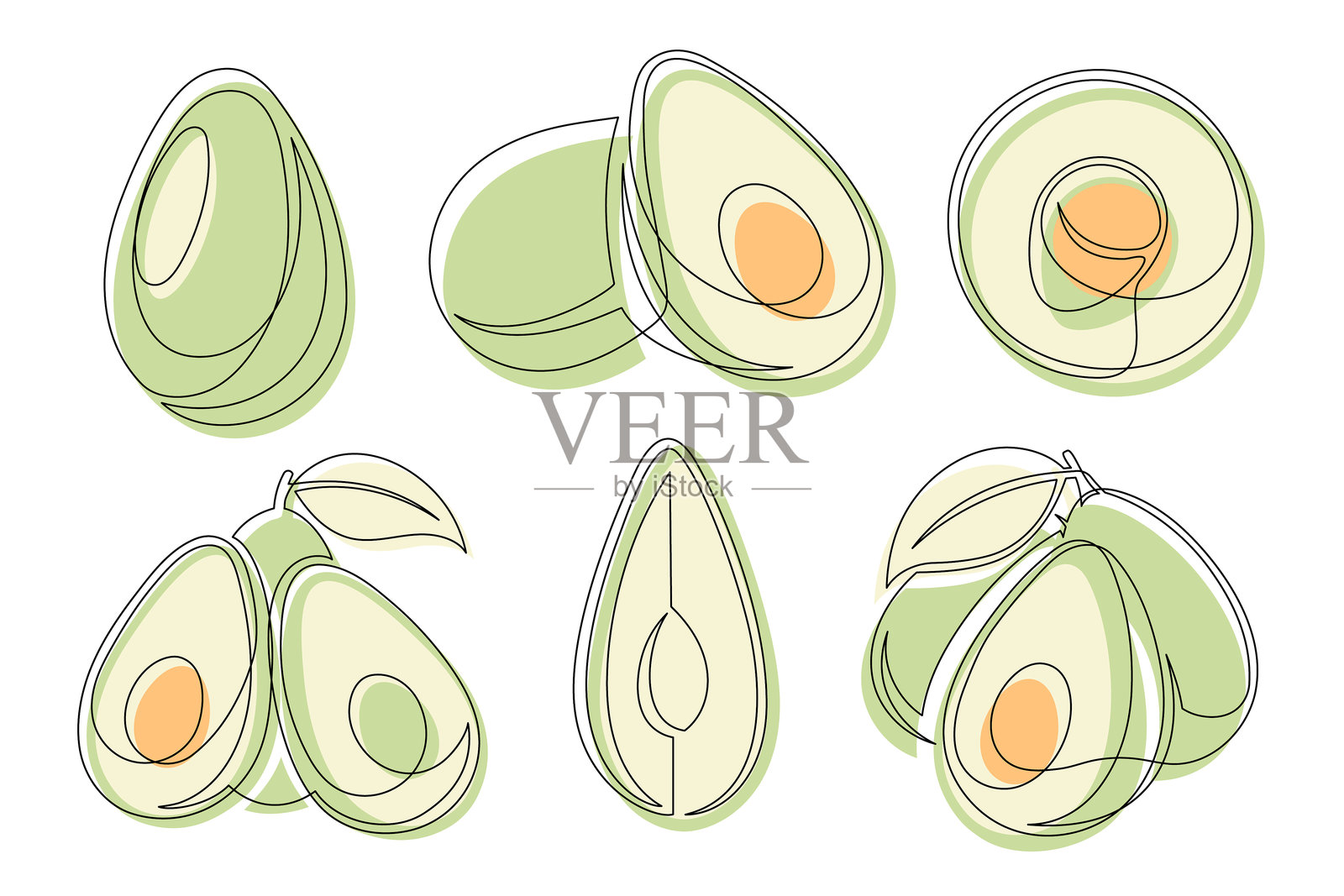 鳄梨绿色连续线条绘制图标集插画图片素材