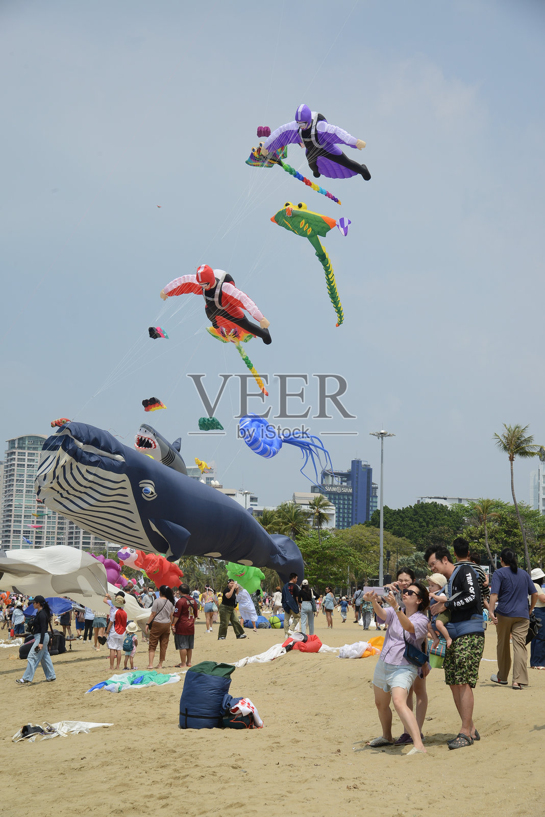 2025年在芭堤雅海滩举行的芭堤雅国际风筝节，泰国人和外国人在海滩上共享快乐。此活动旨在促进旅游业。照片摄影图片