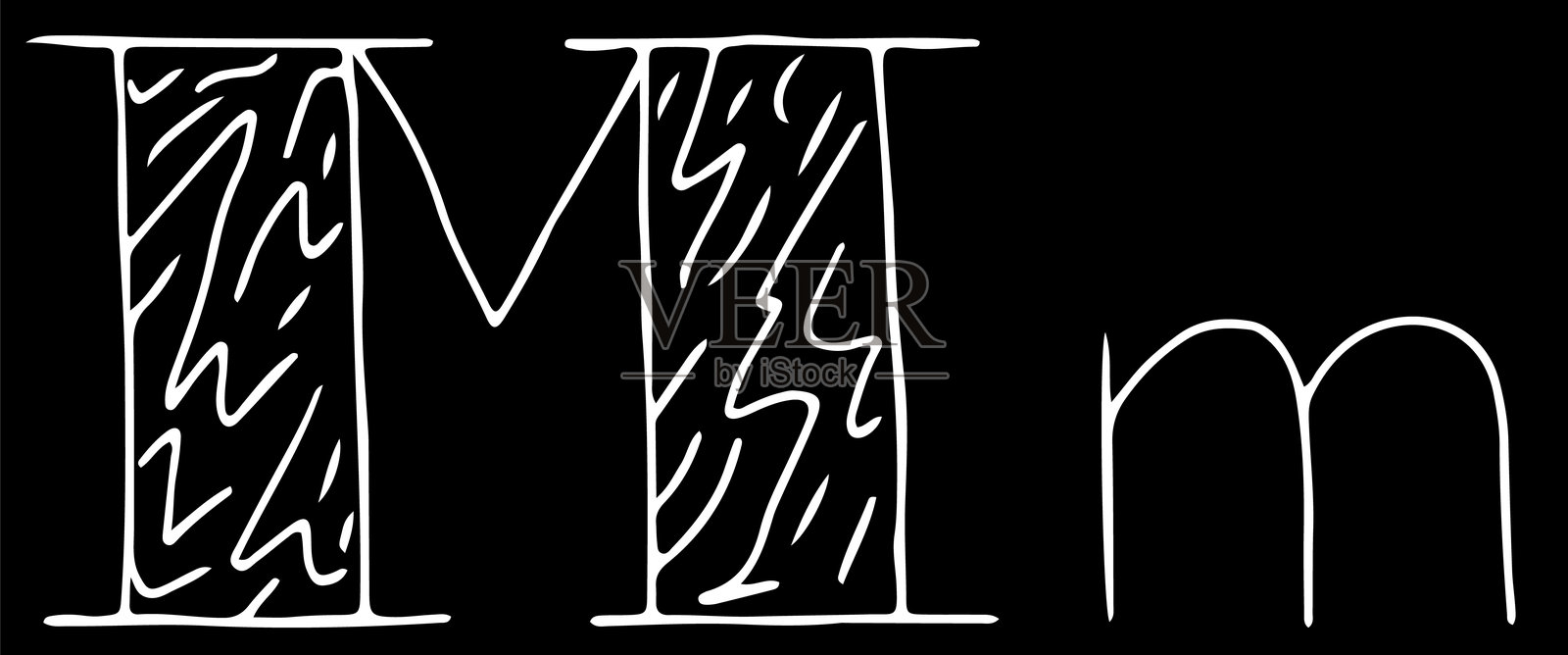 黑色背景上用弯曲的白色线条手绘的大写字母M和小写字母m插画图片素材