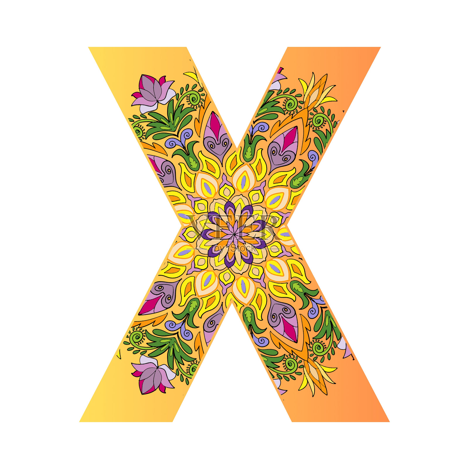 曼荼罗图案字母，曼荼罗风格，适合成人和儿童的美丽色彩，或用于制作标志、插图。插画图片素材