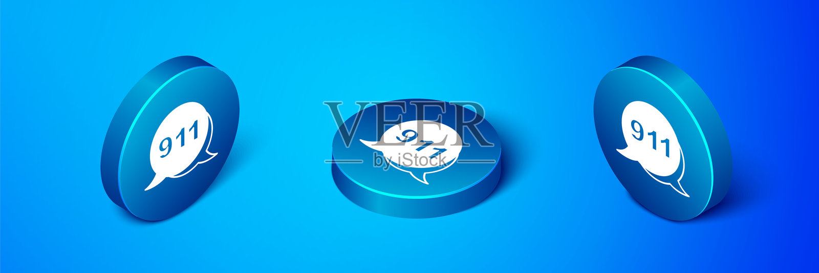 等距电话与紧急呼叫911图标，背景为蓝色。警察、救护车、消防部门、呼叫、电话。蓝色圆形按钮。矢量图。插画图片素材