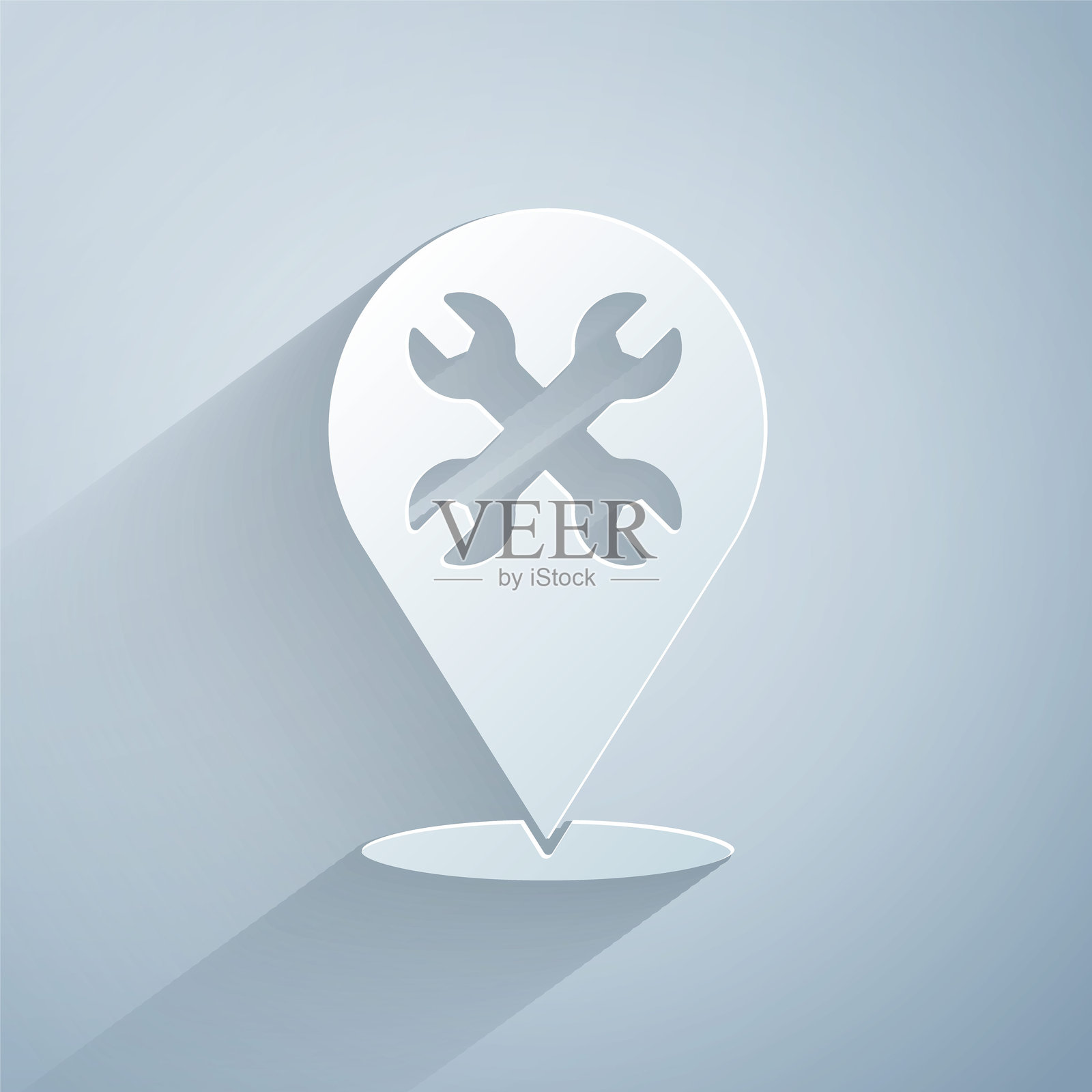 纸切割位置与扳手图标，背景为灰色。调整、服务、设置、维护、修理、修复。纸艺风格。矢量图。插画图片素材