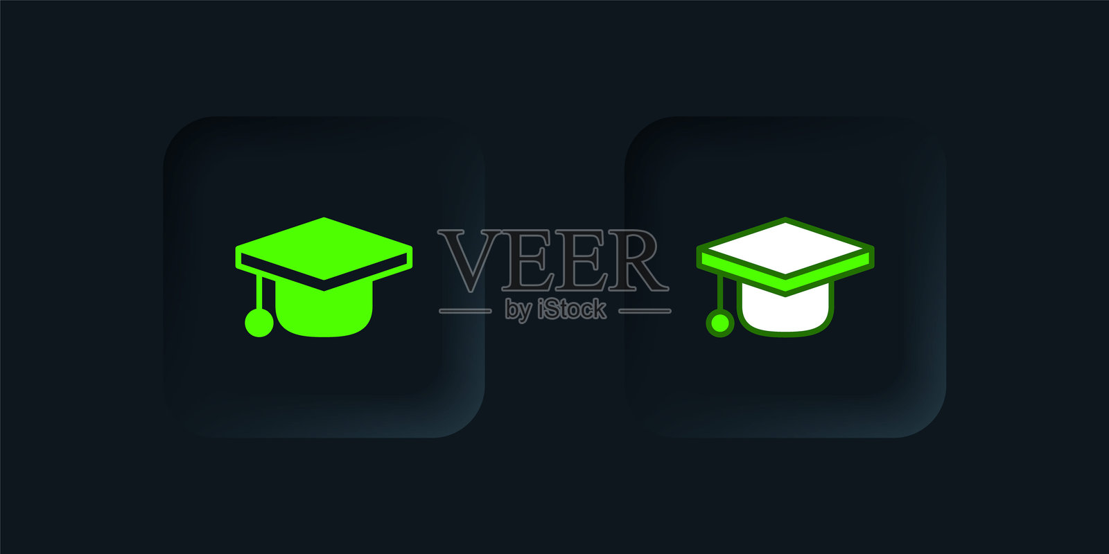 绿色毕业帽图标，背景为黑色。带流苏的毕业帽图标。黑色方形按钮。矢量图。插画图片素材