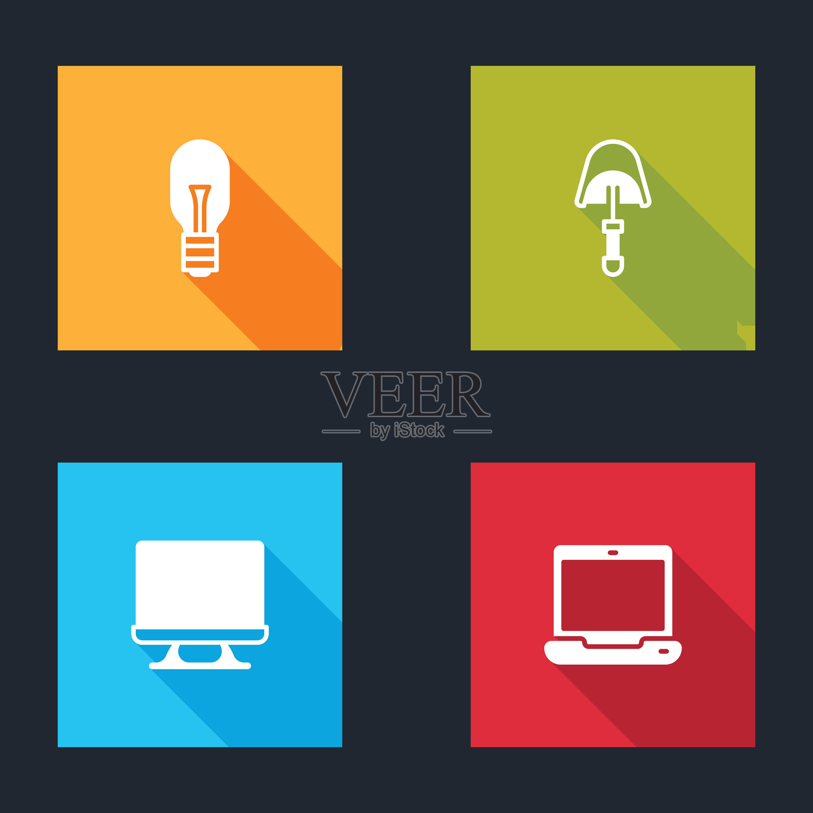 灯泡、铲子、智能电视和笔记本电脑图标。矢量图。插画图片素材