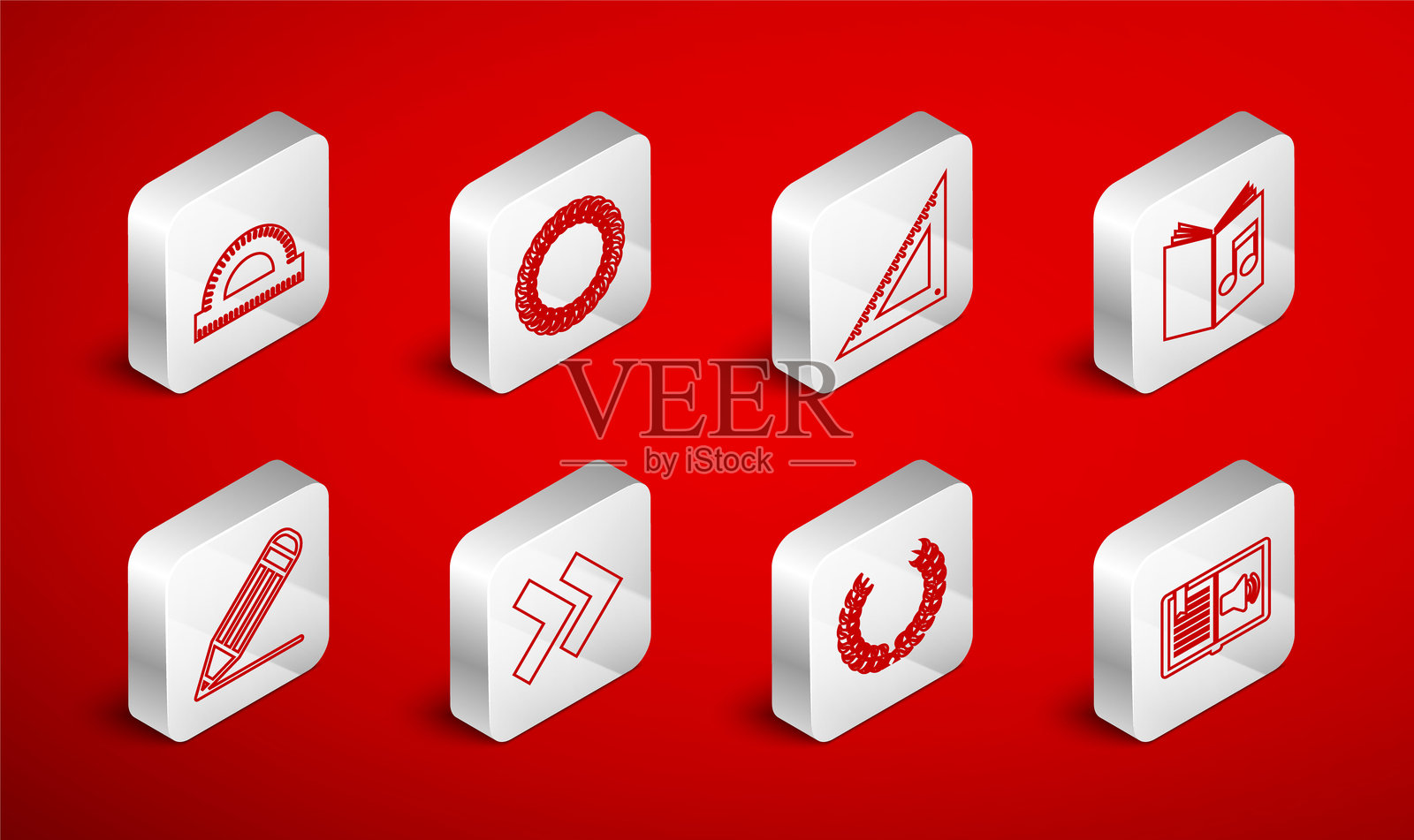 音频书籍、月桂冠、三角尺、量角器网格、箭头和铅笔及线条图标。矢量图。插画图片素材