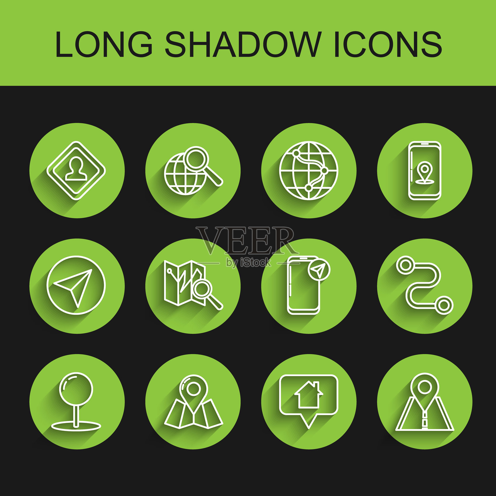 设置线推针、折叠地图与位置标记、道路交通标志、地图指针房屋、路线和城市导航图标的信息图。矢量图。插画图片素材