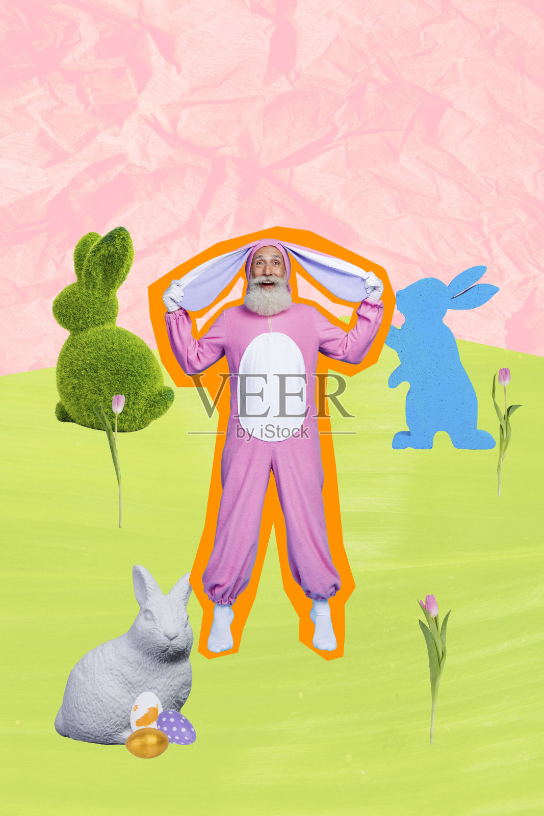 创意趋势艺术作品：3D拼贴画，描绘一位穿着兔子服装的老人在户外搞笑地站立，适合复活节季节，体现家庭、宗教和传统。照片摄影图片