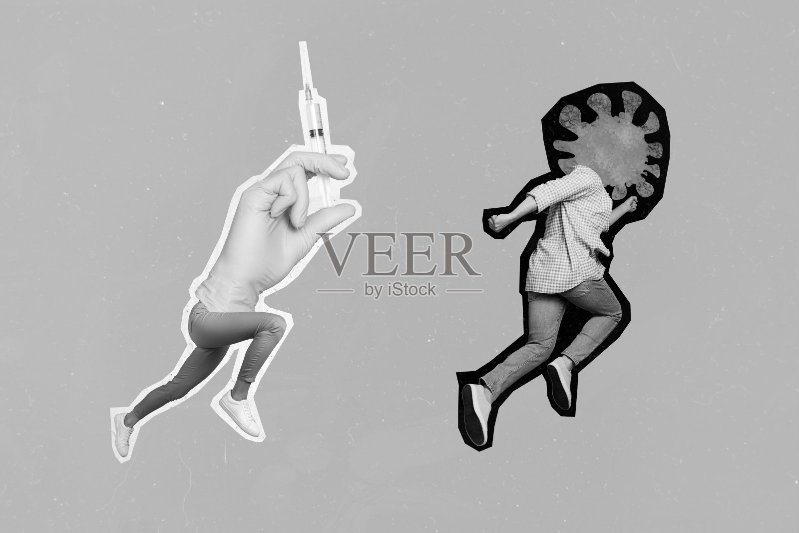 创意照片3D拼贴海报，描绘两个奇怪的人物发明疫苗抗体，背景为素描风格。照片摄影图片