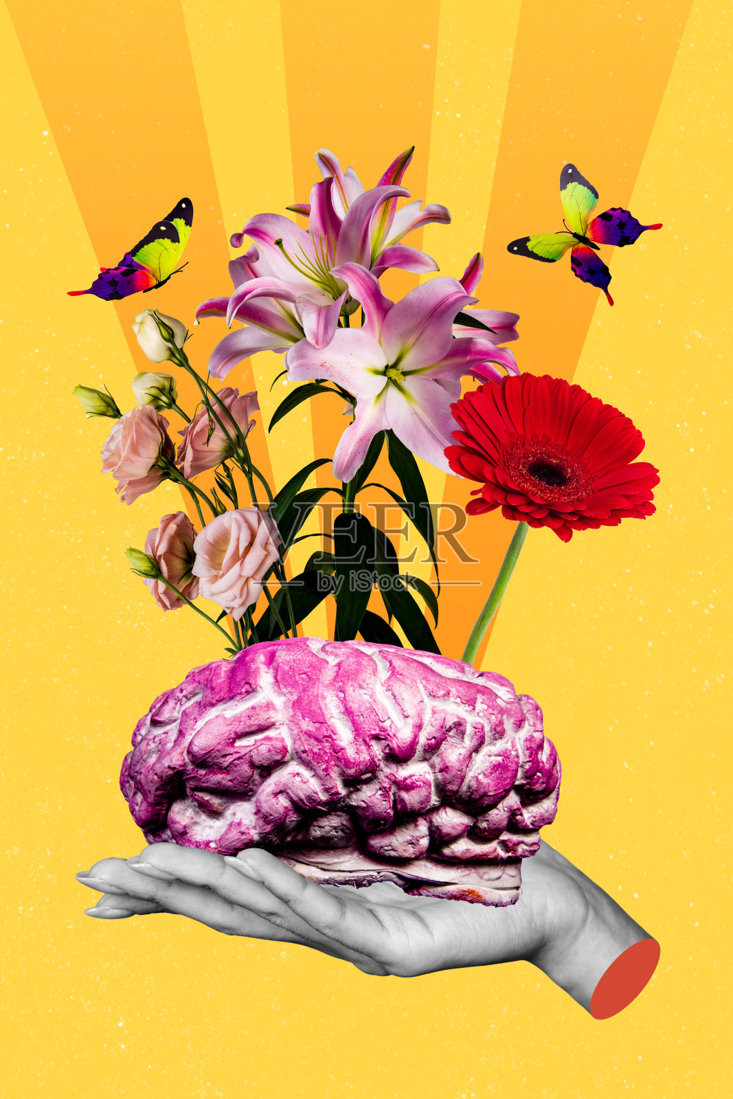垂直的奇异创意拼贴插图，描绘了与盛开的春花相结合的荒诞人脑，背景为黄色。照片摄影图片