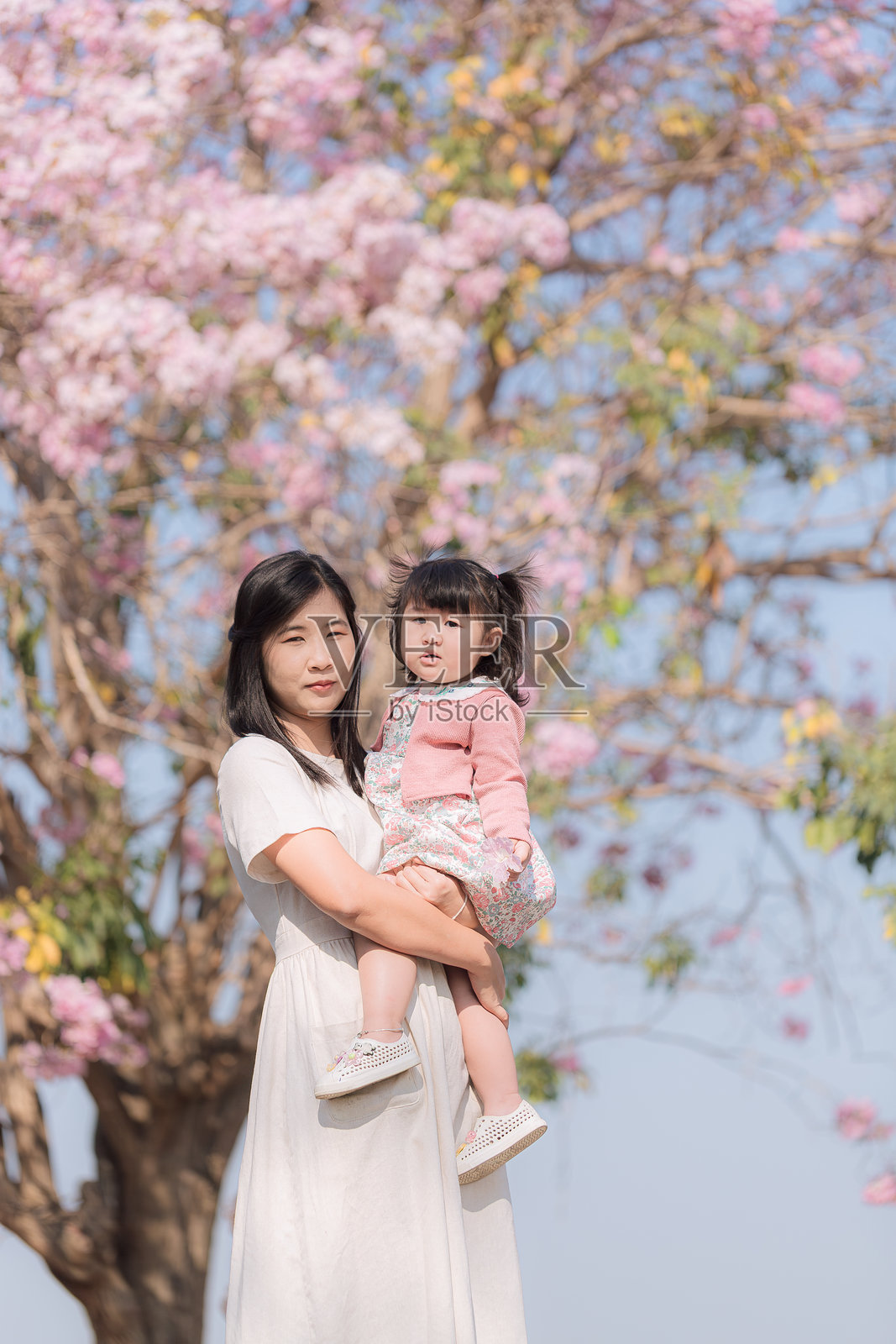 微笑的父母和孩子，亚洲母亲与女儿在樱花树下的公园散步。照片摄影图片