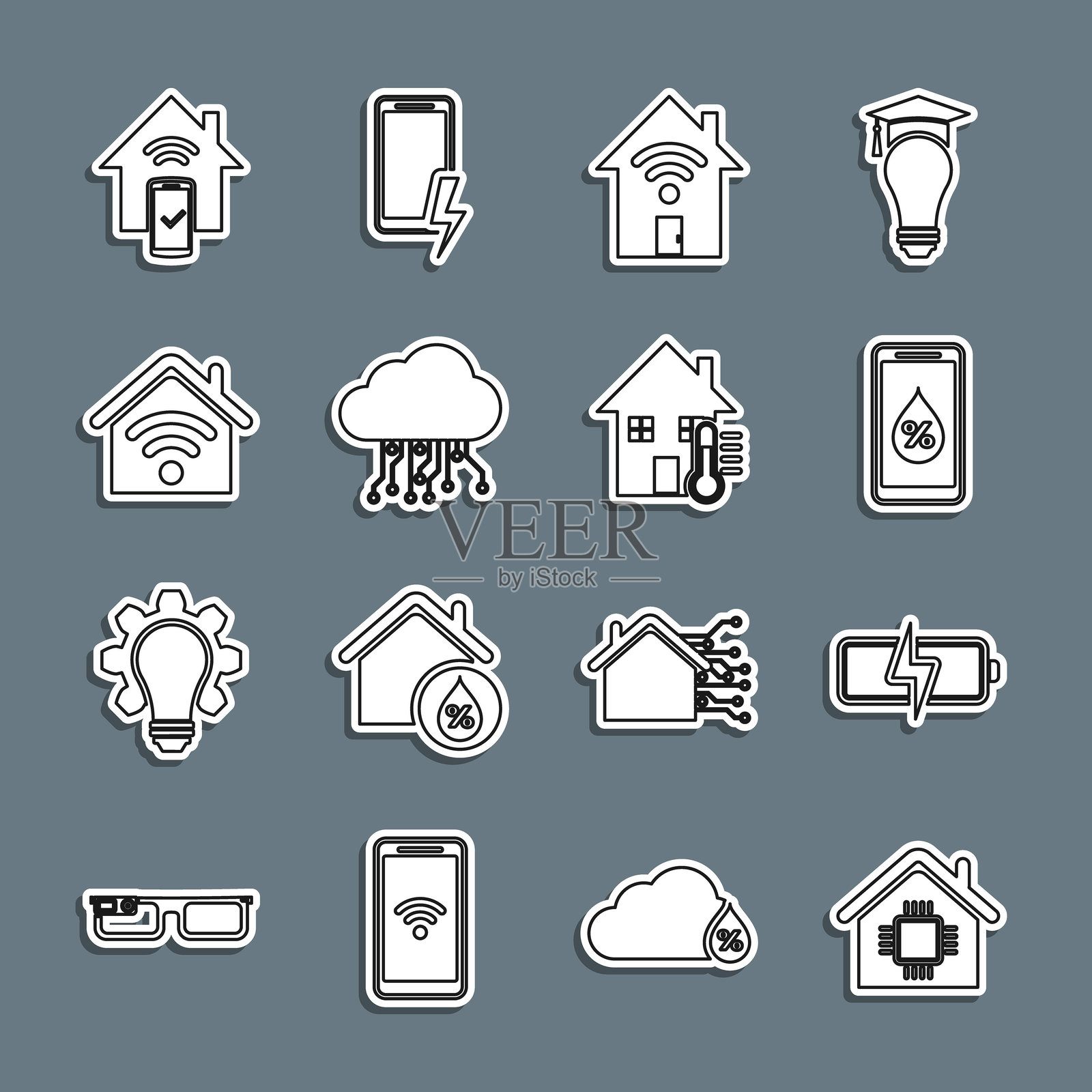 智能家居、智能电池、湿度监测，配备Wi-Fi、物联网、远程控制系统和房屋温度图标。矢量图。插画图片素材