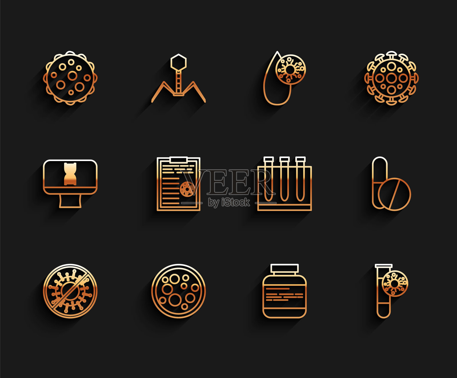 设置线条 停止病毒，病毒，药瓶和药丸，试管，夹板血液检测结果，或平板和血液图标。矢量插画图片素材