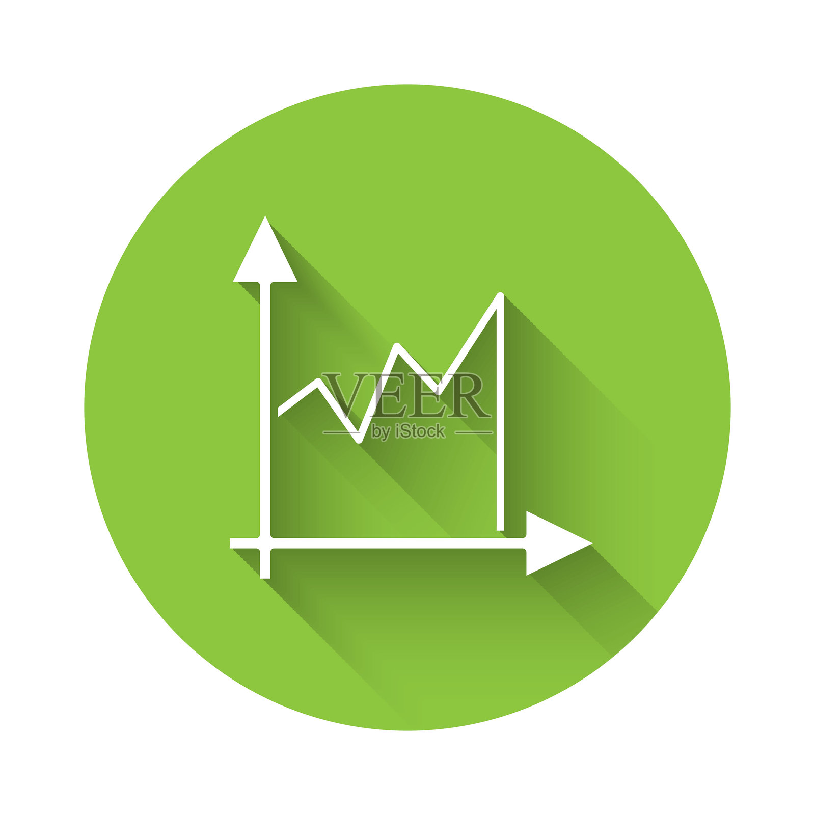 白色图表、日程、图表、示意图、信息图、饼图图标，带有长阴影。绿色圆形按钮。矢量图。插画图片素材