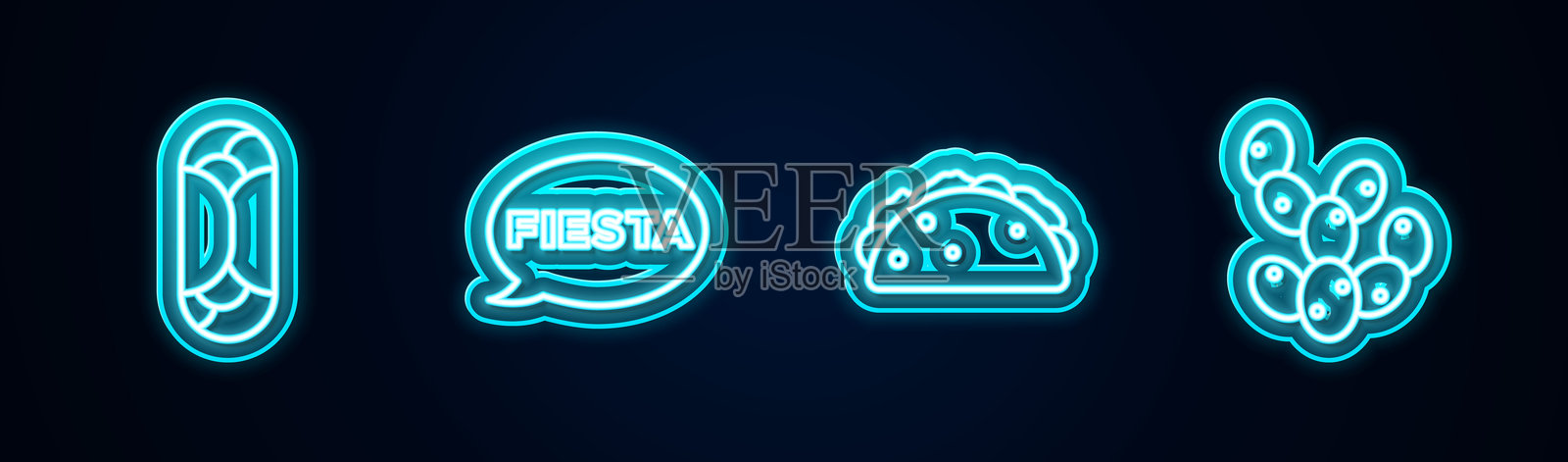 发光的霓虹图标：墨西哥卷饼、节日、玉米饼与仙人掌的组合。矢量图。插画图片素材