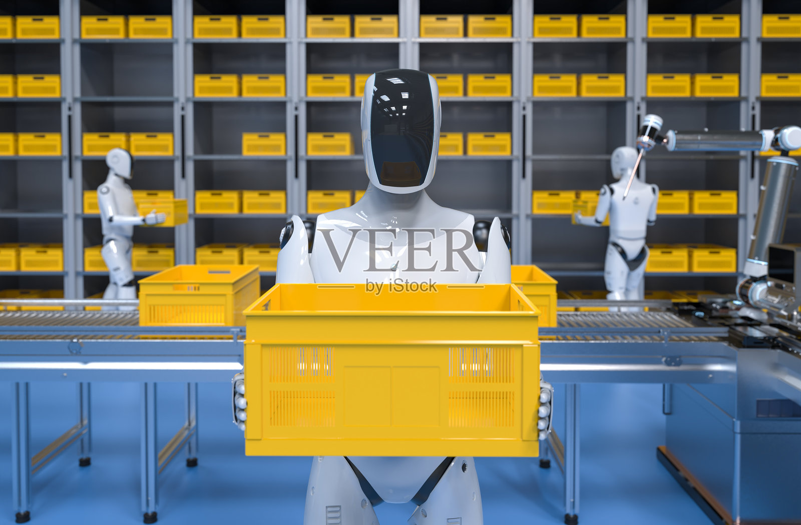 自动化仓库与助手机器人在仓库工作照片摄影图片