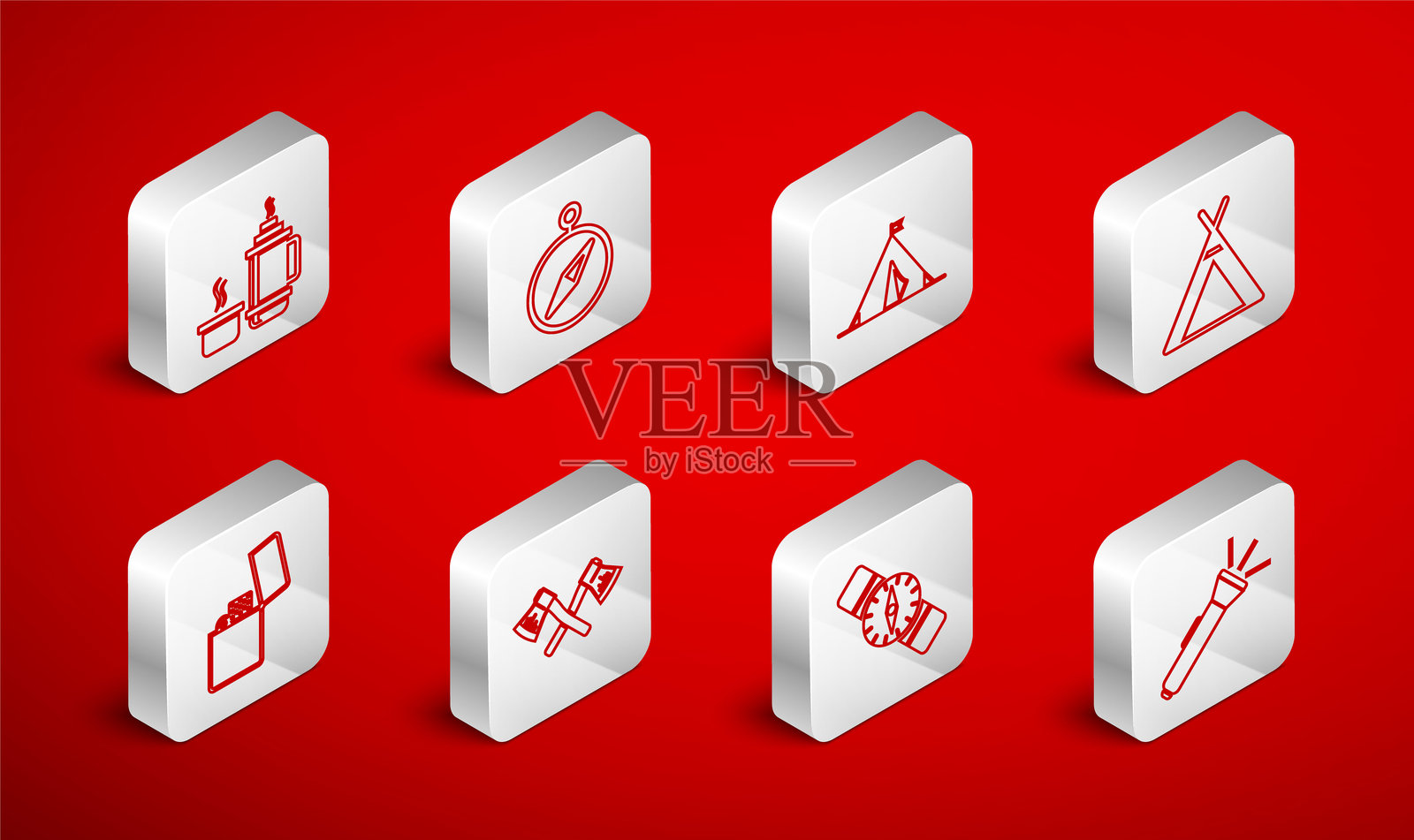 手电筒、指南针、带旗帜的旅游帐篷、保温瓶、交叉木斧和打火机图标。矢量图。插画图片素材