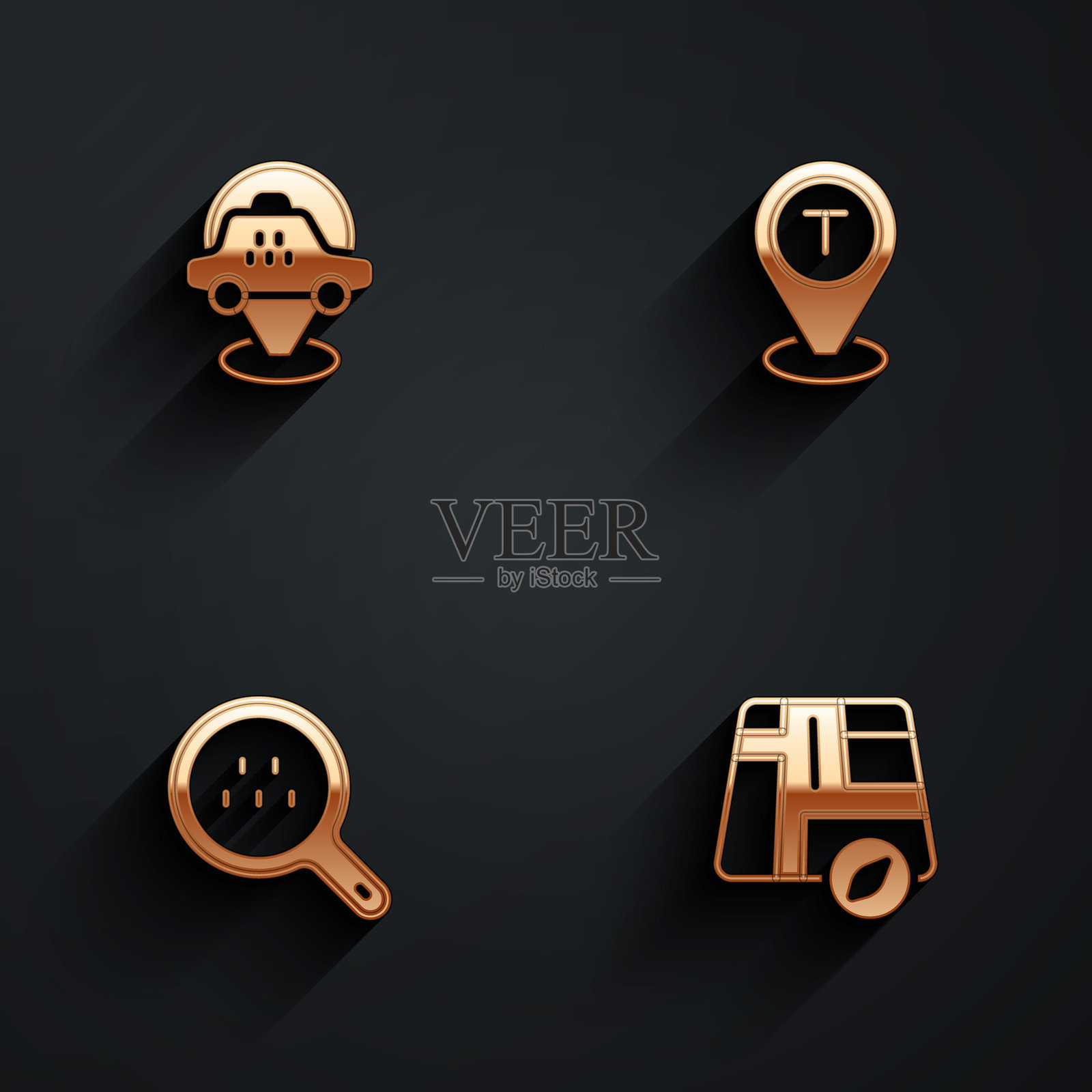 设置位置的出租车，搜索图标与长阴影。矢量图。插画图片素材