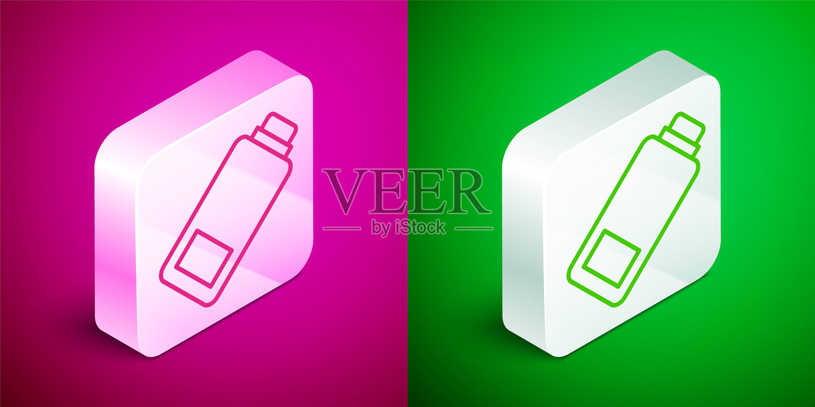 等距线电池充电水平指示器图标，独立于粉色和绿色背景。银色方形按钮。矢量图。插画图片素材