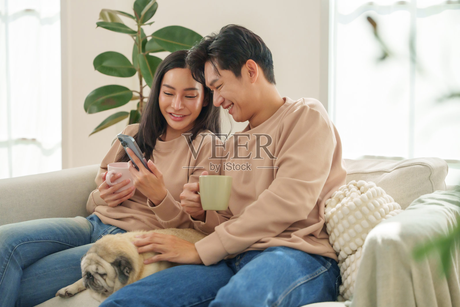 快乐的亚洲夫妇在家中与他们的宠物巴哥犬一起享受安静的时光，坐在沙发上分享美好时刻。照片摄影图片