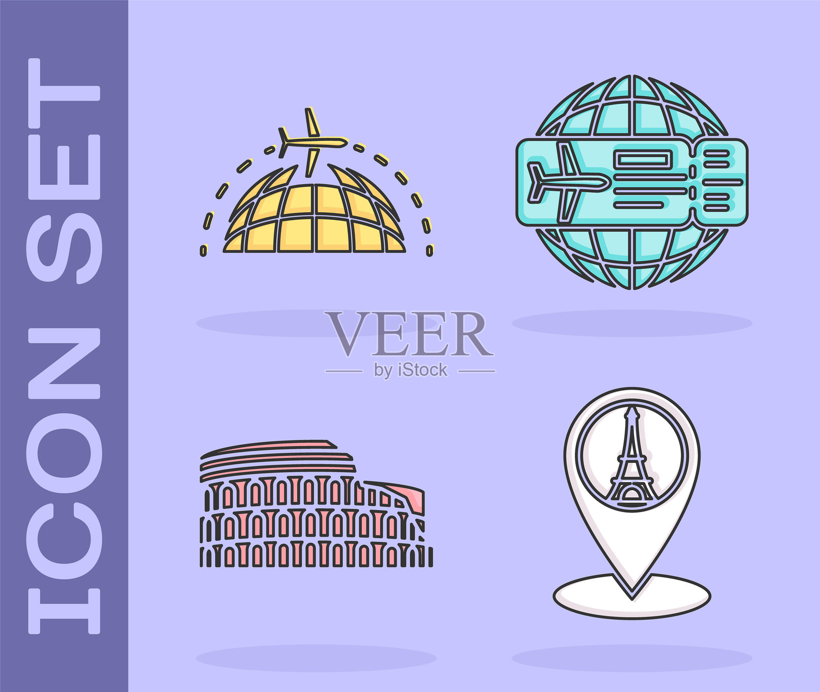 设置地图指针，带有埃菲尔铁塔、飞行中的地球仪和意大利罗马的斗兽场，以及航空票图标。矢量图。插画图片素材