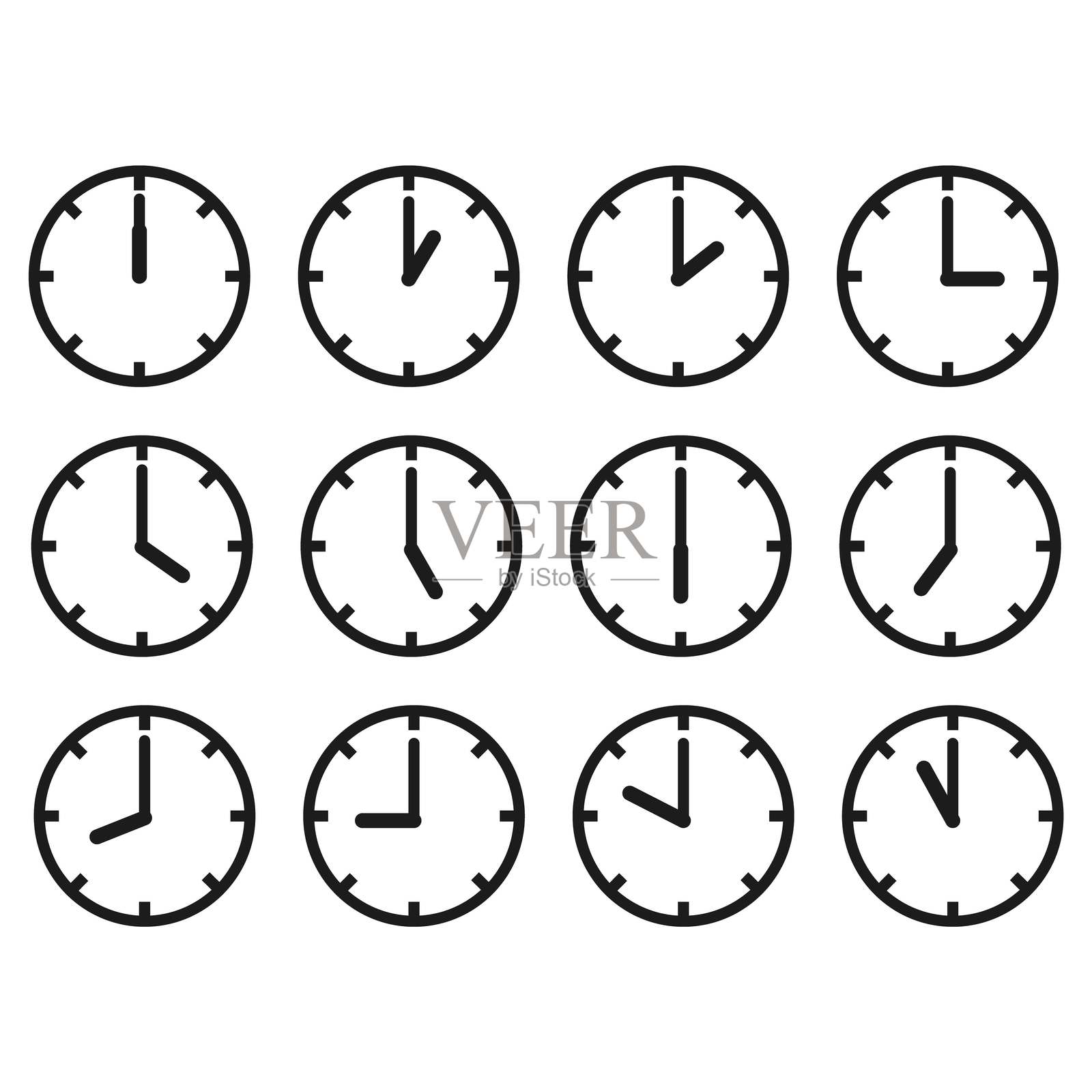 时钟面设计。十二种时钟变体。时间图标集合。简单的黑色图形。插画图片素材