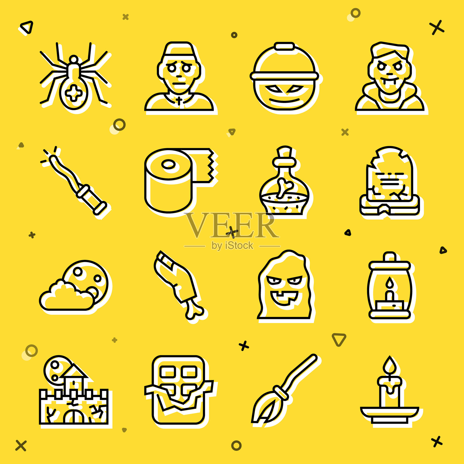 燃烧的蜡烛、露营灯、刻有“安息”的墓碑、装满糖果的南瓜篮、卫生纸卷、魔法棒、蜘蛛和瓶子药水图标。矢量图。插画图片素材