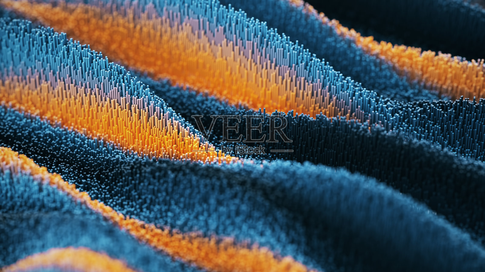 数字分析领域 - 蓝色，橙色 - 技术，大数据，预测。未来科技波动背景，波纹状曲线流动图案，带有圆形细节。照片摄影图片