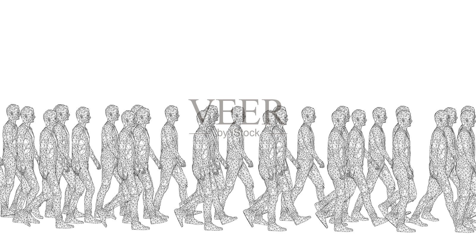 一群人排成一行走路。所有人身材相同，朝同一方向行走。侧面视图插画图片素材