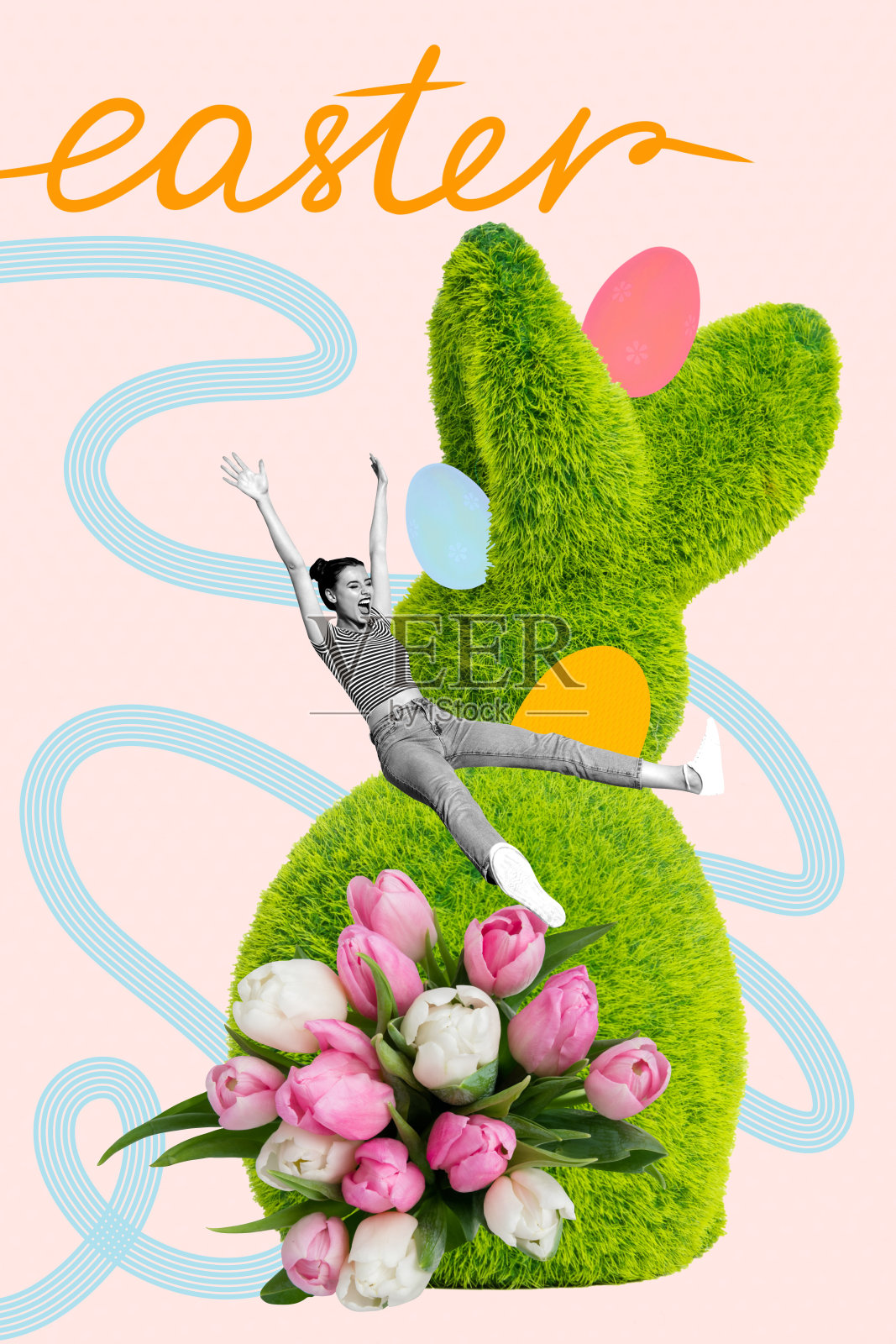 3D拼贴风格的艺术作品草图海报，描绘了一位年轻女士坐在绿色草地上，开心地微笑，庆祝春天的宗教节日复活节。照片摄影图片