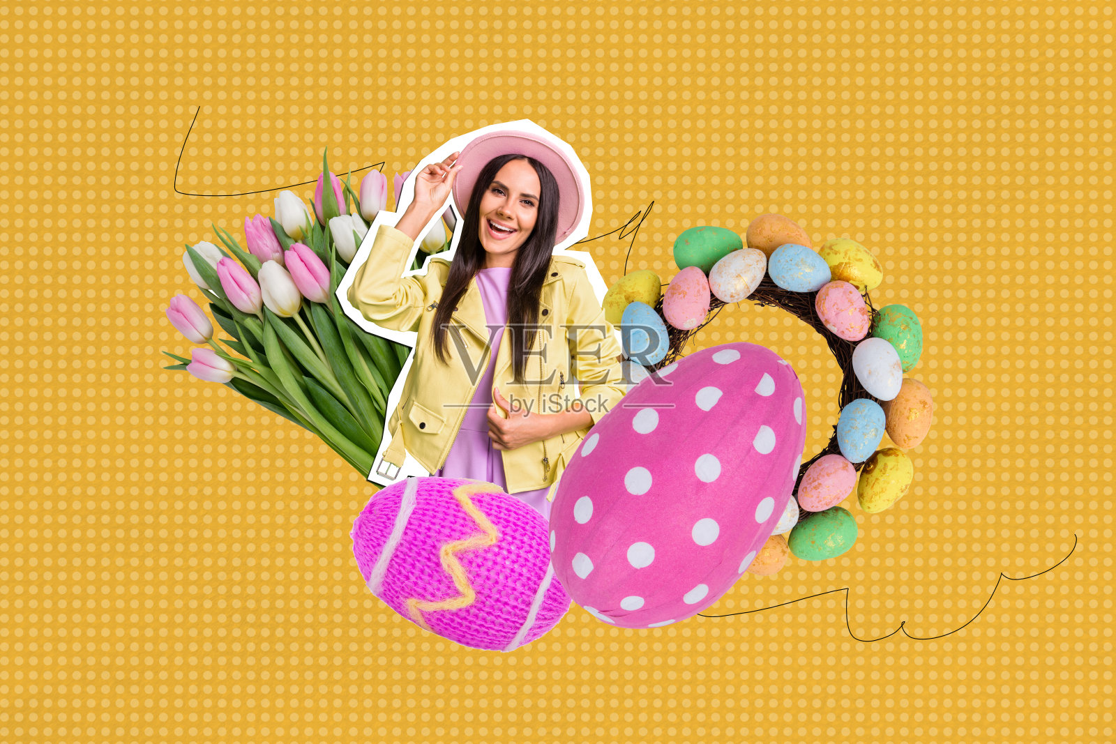创意艺术作品模板草图拼贴，展示季节性复活节春季假日祝贺，装饰彩蛋、郁金香，年轻女士风格的帽子和微笑。照片摄影图片