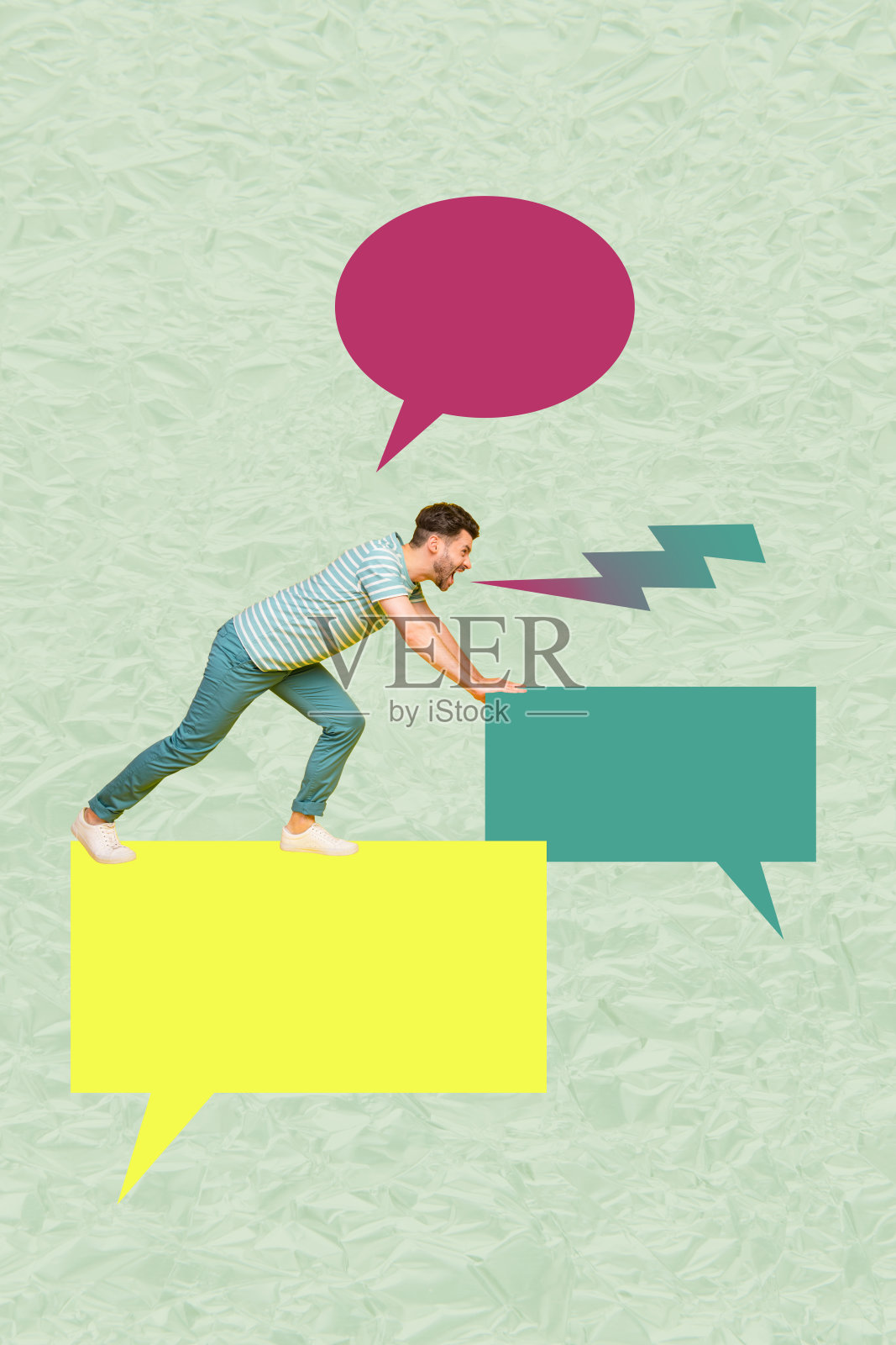 愤怒男子的海报图像，垂直照片拼贴，推送气泡图标，交流聊天框对话云，尖叫照片摄影图片