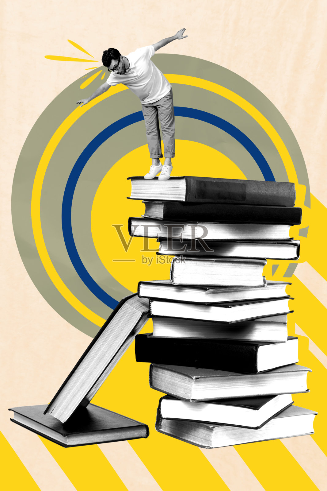 创意设计复合趋势艺术拼贴，爱好学习的年轻读者困惑地在书堆上保持平衡，象征知识。照片摄影图片