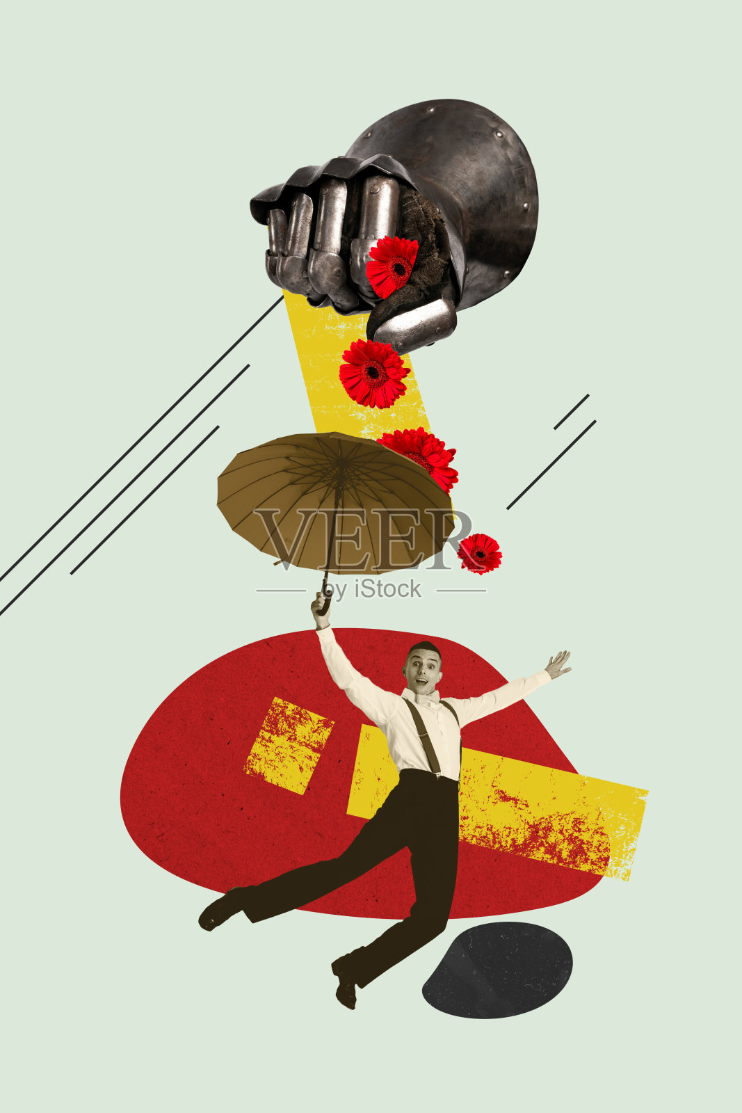 手套保护盔甲的征服者士兵历史复古英雄手持花伞飞翔的男人的艺术照片拼贴画照片摄影图片