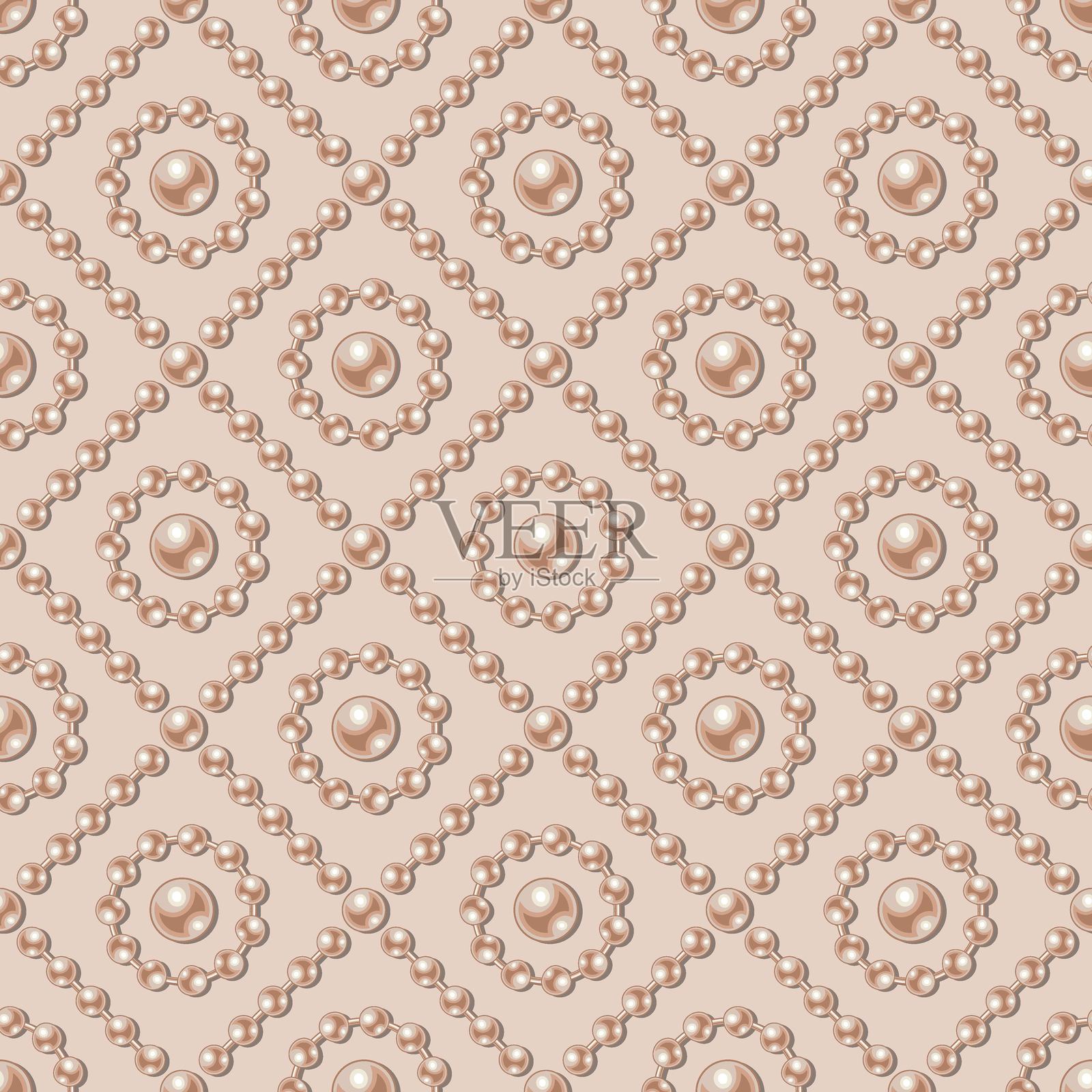 米色背景上的对角交叉线方格图案，配有珍珠珠子。复古风格。插画图片素材