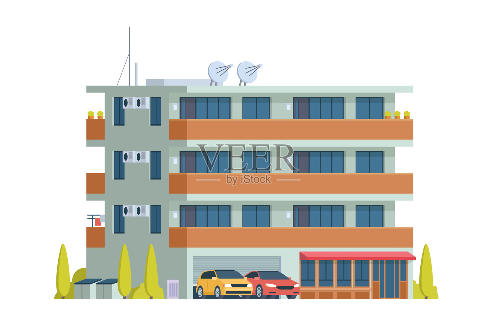 公寓楼矢量插图。城市中层住宅，扁平风格和简洁设计。插画图片素材