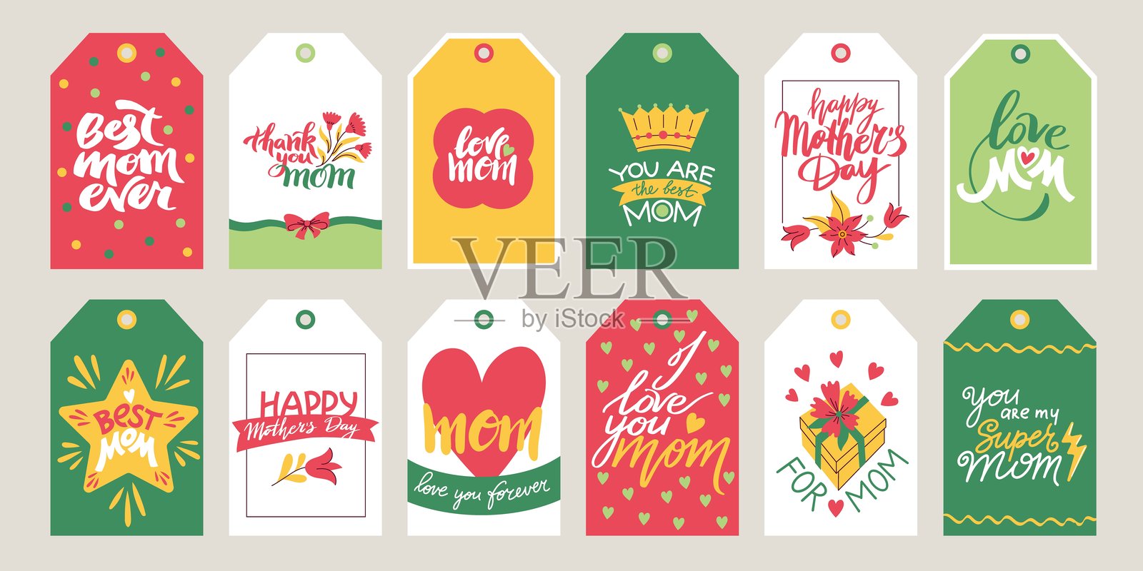 母亲节标签。可爱的礼品卡贴纸，带有花卉元素和现代字母，适合妈妈节日问候设计的卡通涂鸦标签。矢量独立套装。插画图片素材