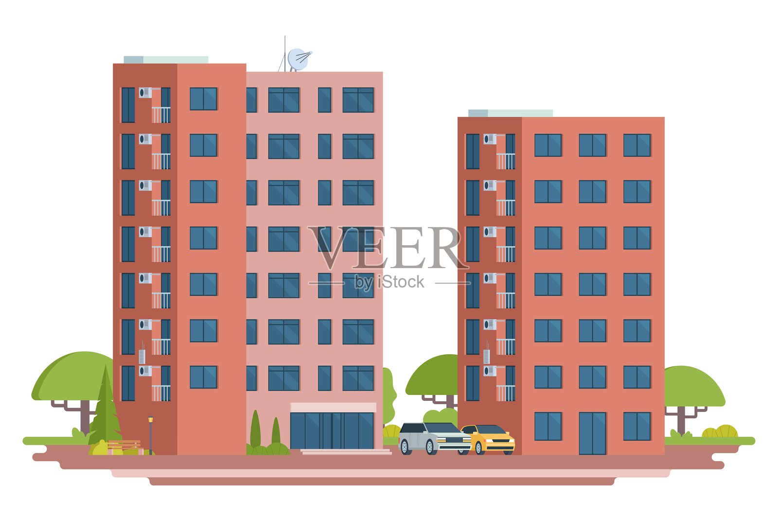 公寓楼矢量插图。现代城市高层住宅扁平设计。完全可编辑，背景为白色。插画图片素材