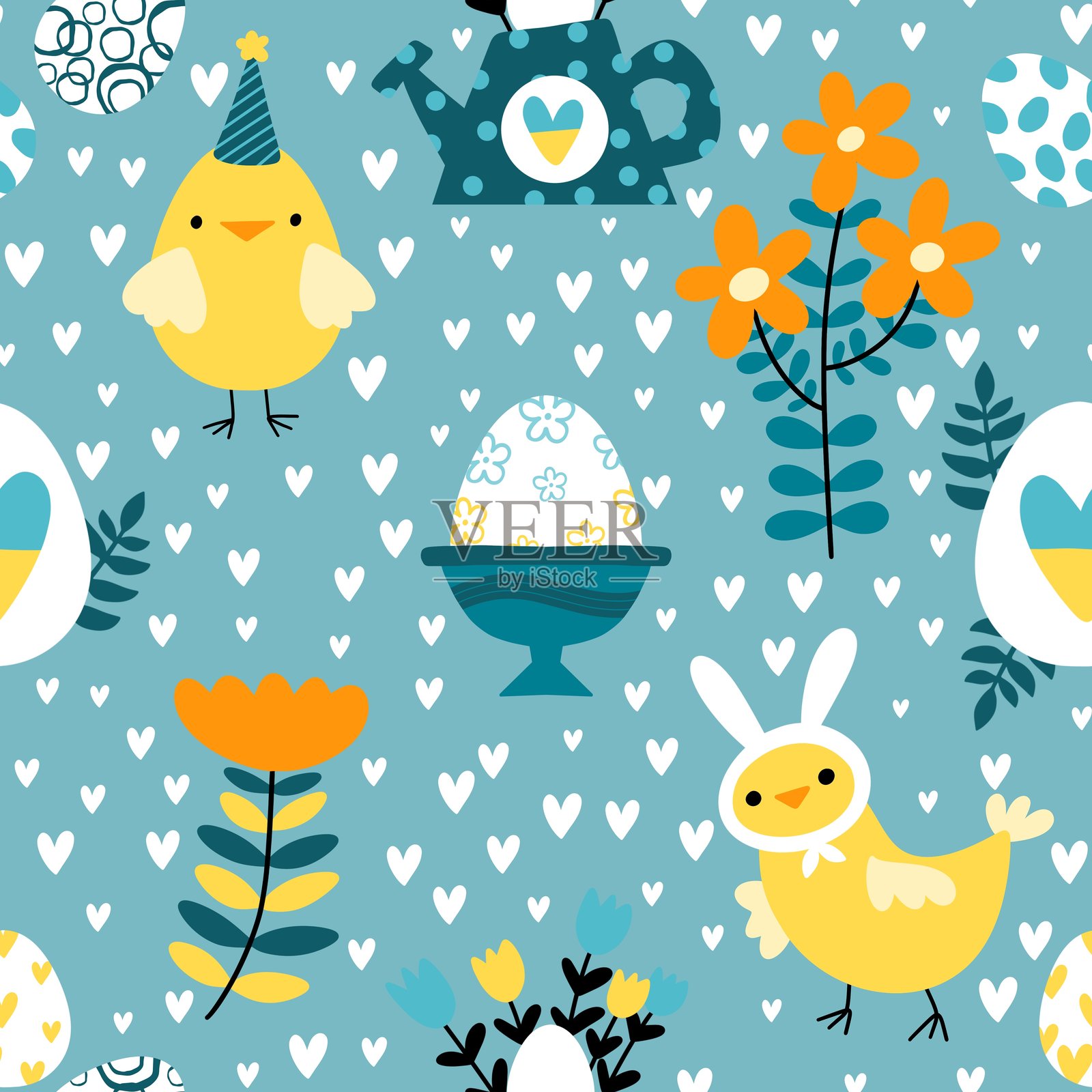 卡通复活节彩蛋和小鸡的无缝图案，适用于包装纸、面料和服装印刷插画图片素材