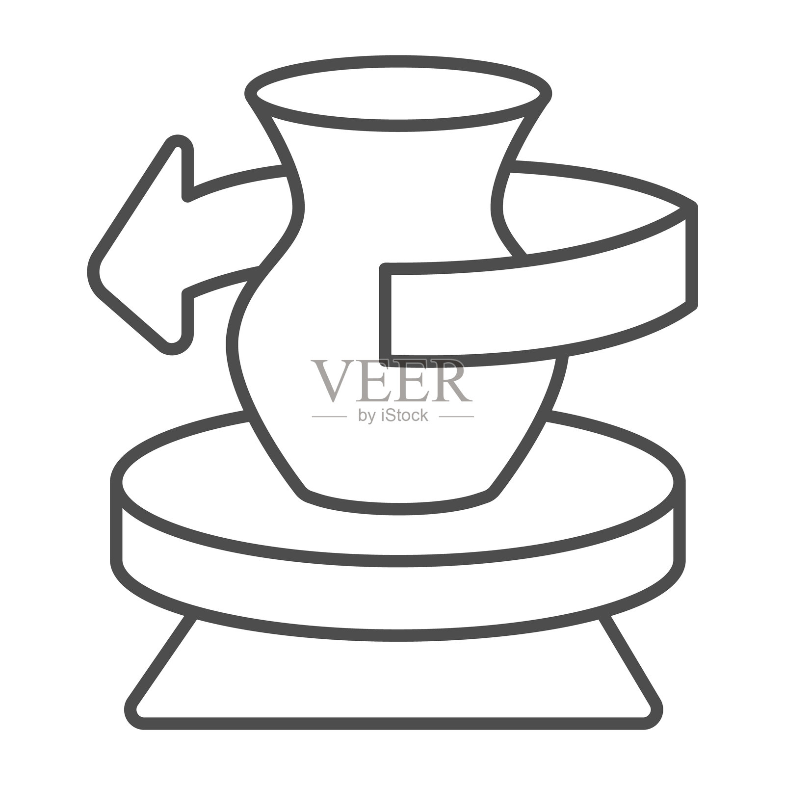 工作台上的陶土壶和旋转箭头细线图标，陶艺制作概念。矢量图形。白色背景上的陶土生产机器标志，适用于移动或网页设计的轮廓风格图标。插画图片素材