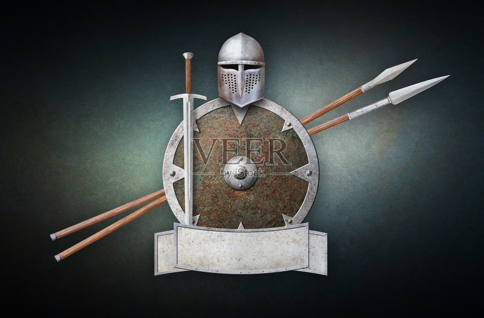 头盔、盾牌、剑、两根长矛和金属招牌在磨损背景上照片摄影图片