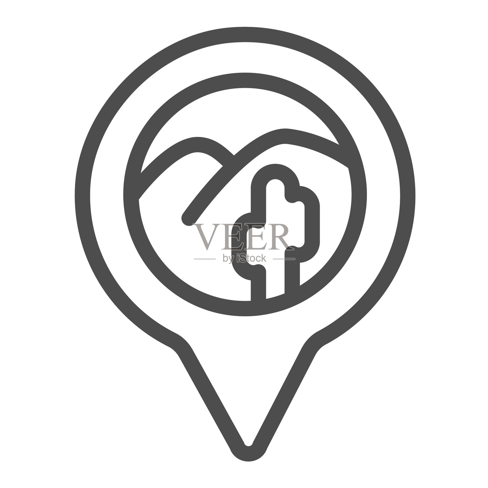 沙漠位置指示线图标，野生沙漠概念。矢量图形。带有沙子和仙人掌植物标志的位置图钉，白色背景上的轮廓风格图标，适用于移动或网页设计。插画图片素材